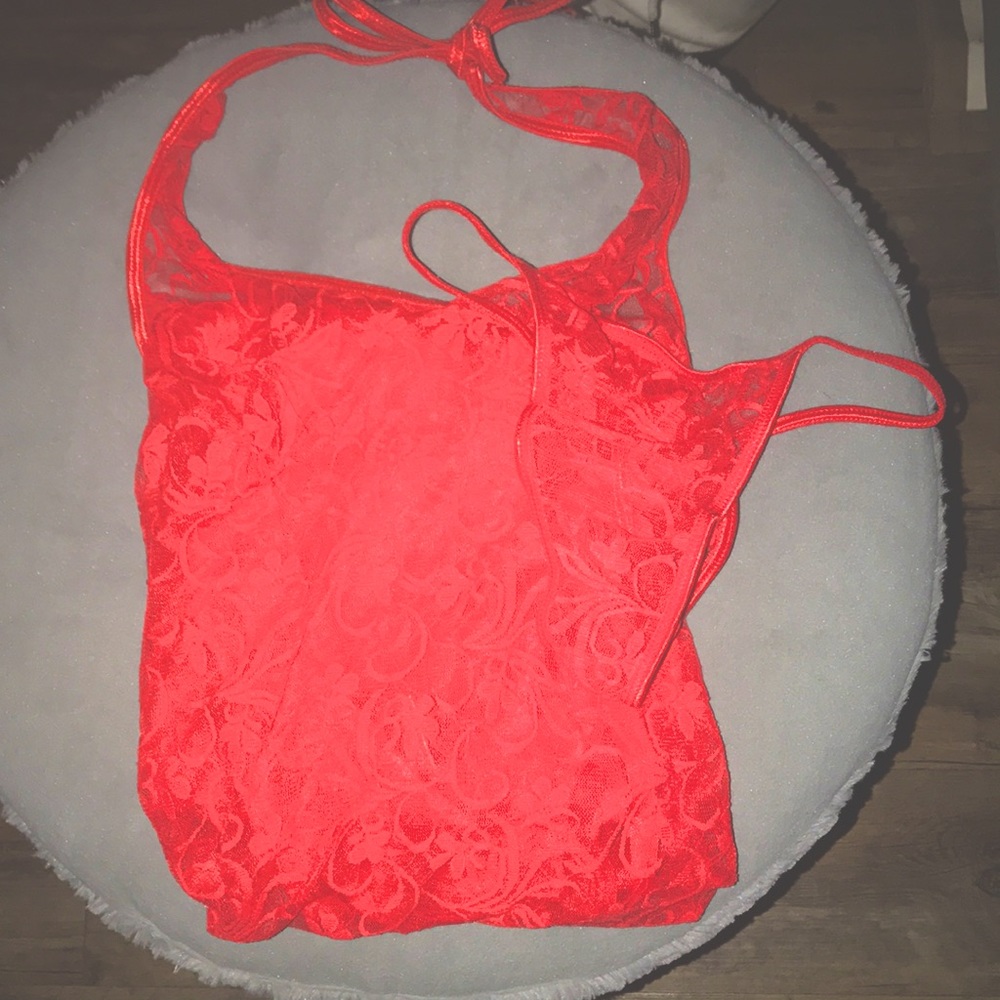 Red lacy long halter nighty w/ matching panties (L/XL).
